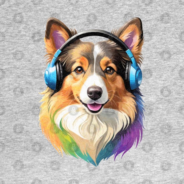 Colorful dog with headphones - Shetland Sheepdog by Outcast Brain